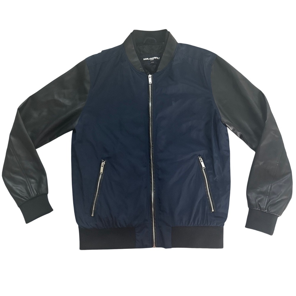 Karl Lagerfeld Bomber Jacket Mens M Blue Faux Leather Sleeve NWOT Quilted